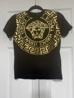 Versace Black T-Shirt with Metallic Gold Medusa Crest